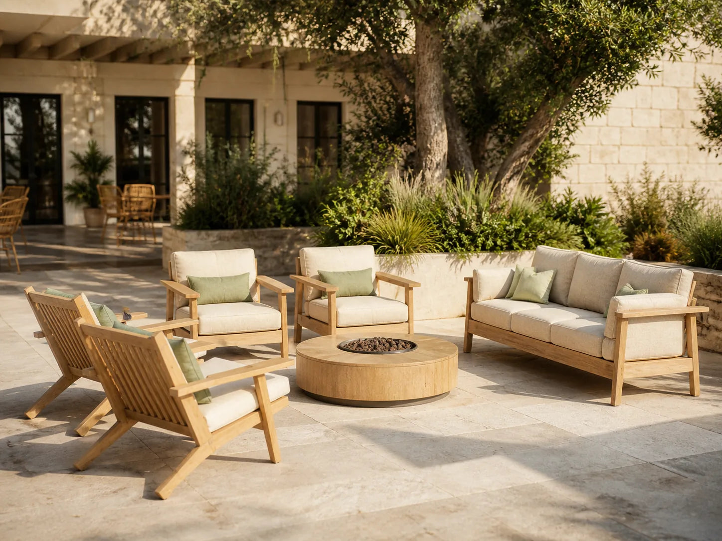 Light teak lounge collection in a landscaped terrace setting