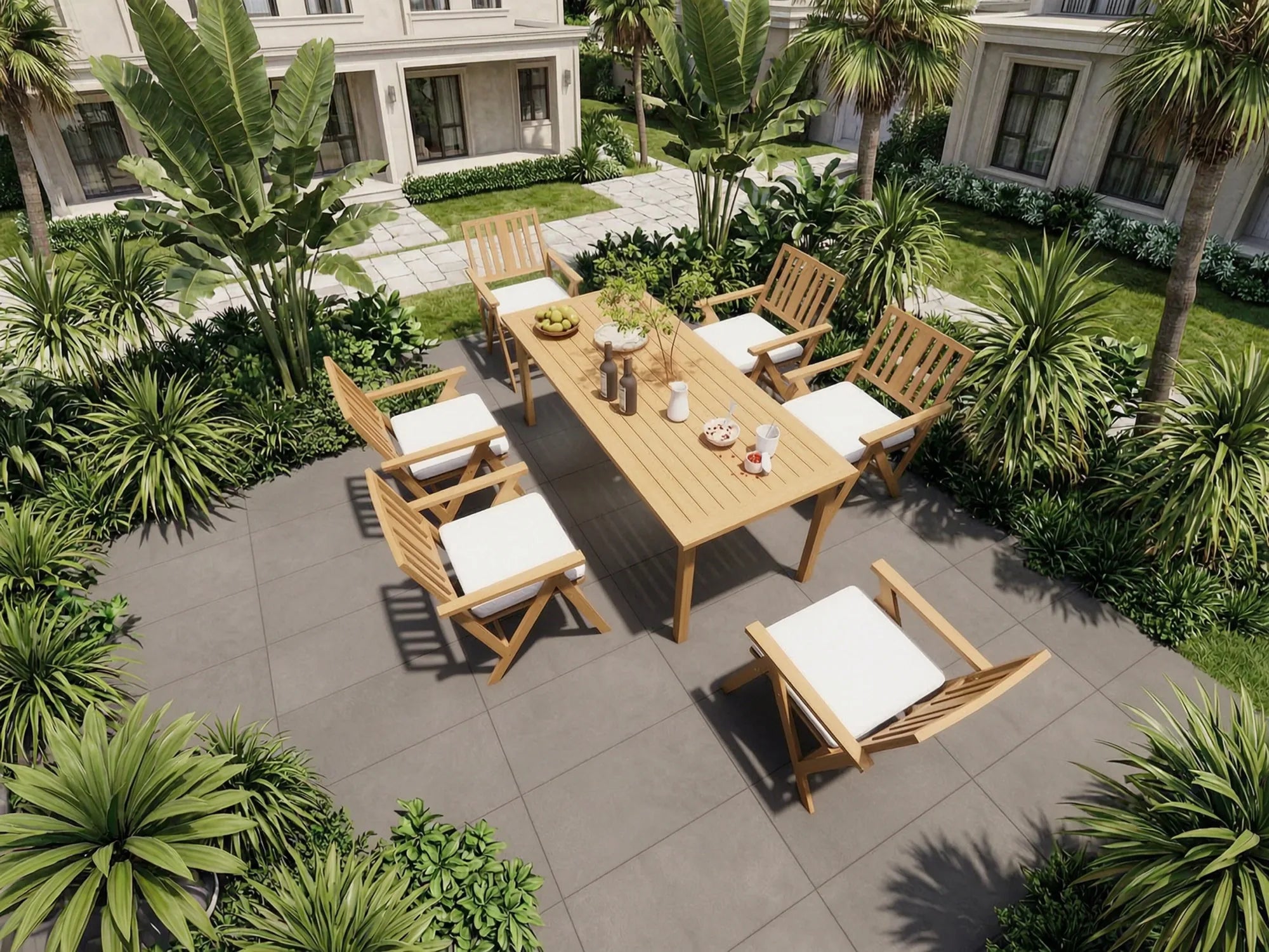 Light teak outdoor dining collection in a landscaped garden