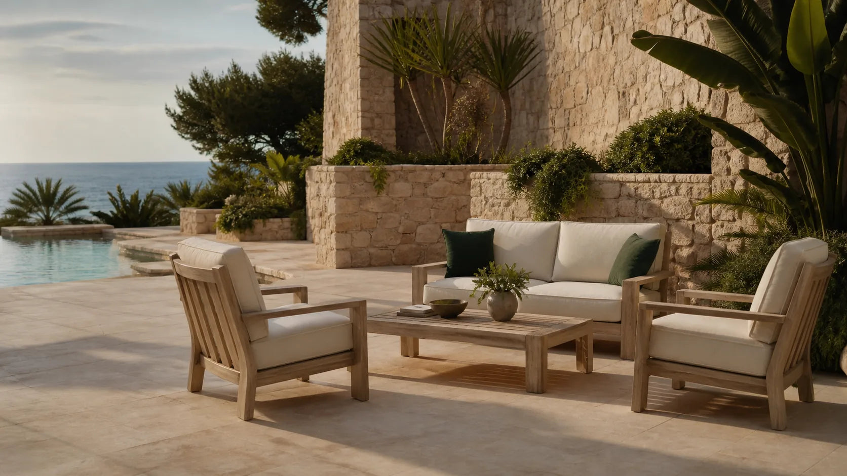Light teak outdoor lounge collection on a resort terrace