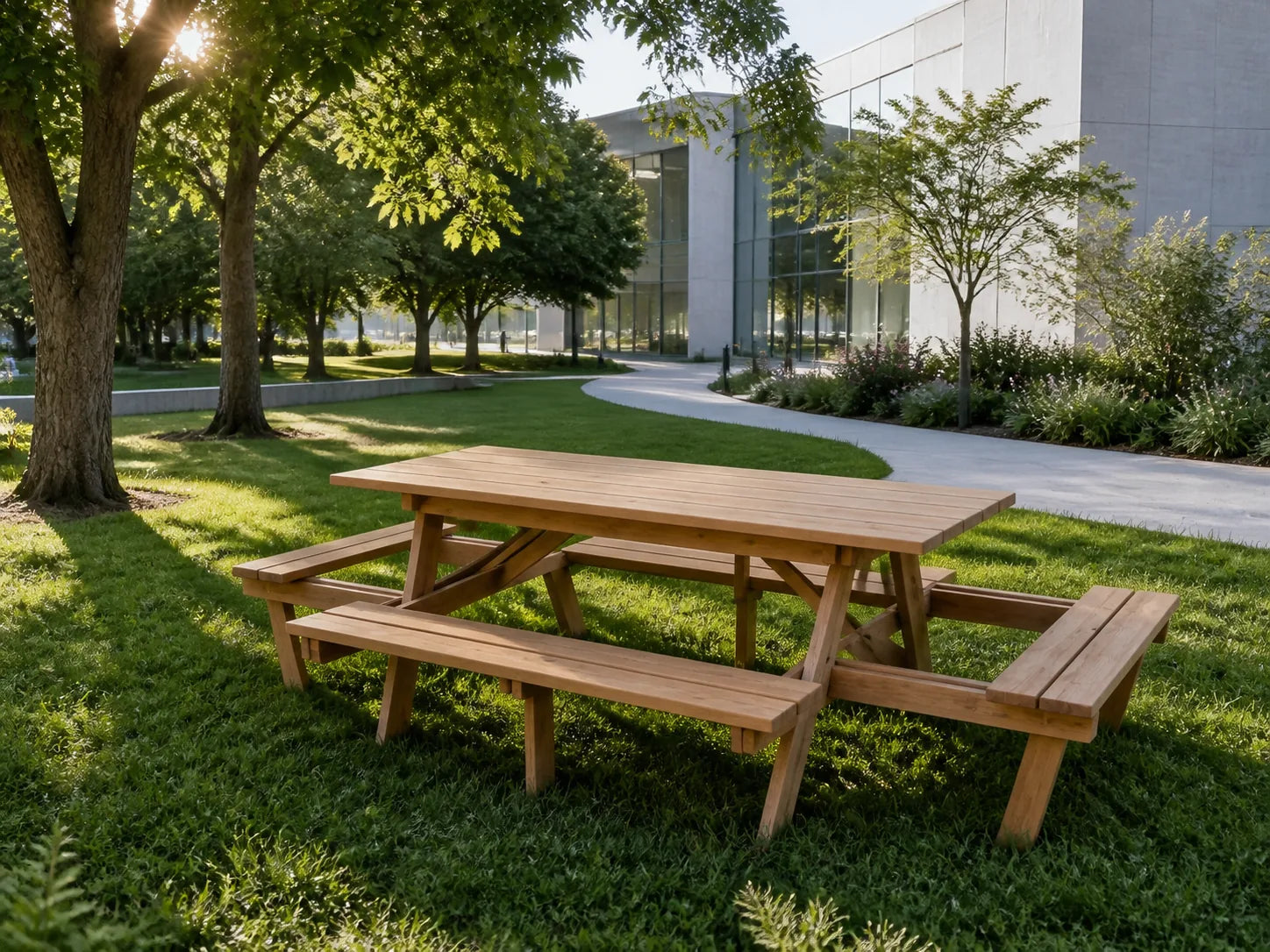 Light teak picnic collection in a shared garden setting
