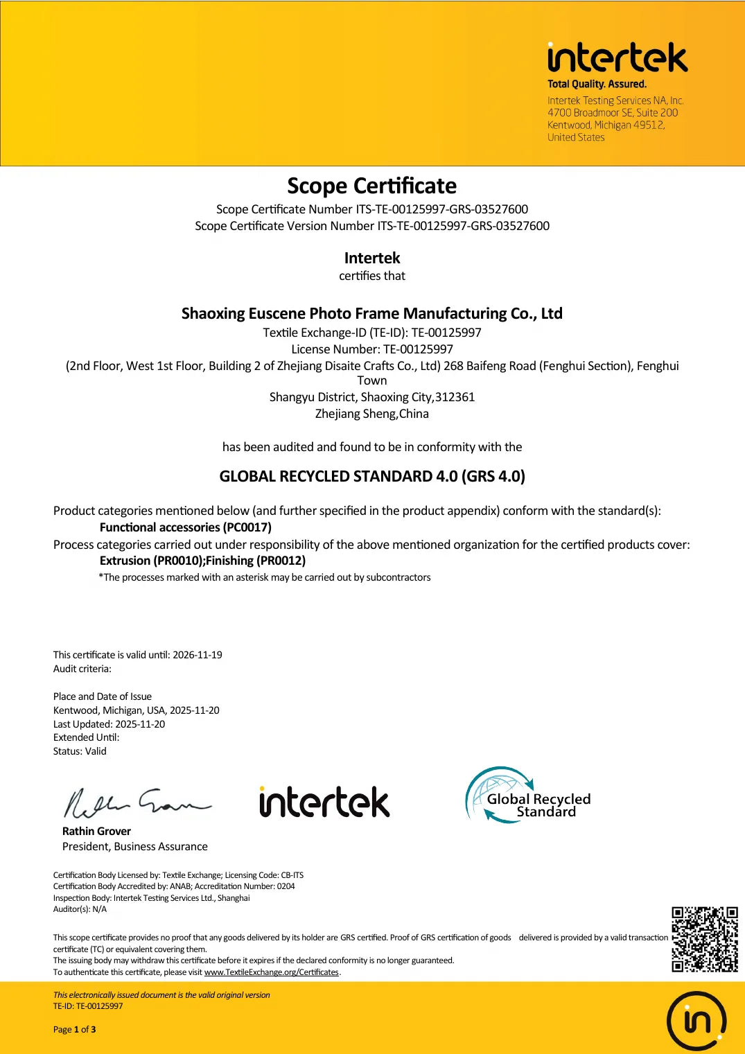 GRS 4.0 scope certificate cover issued by Intertek