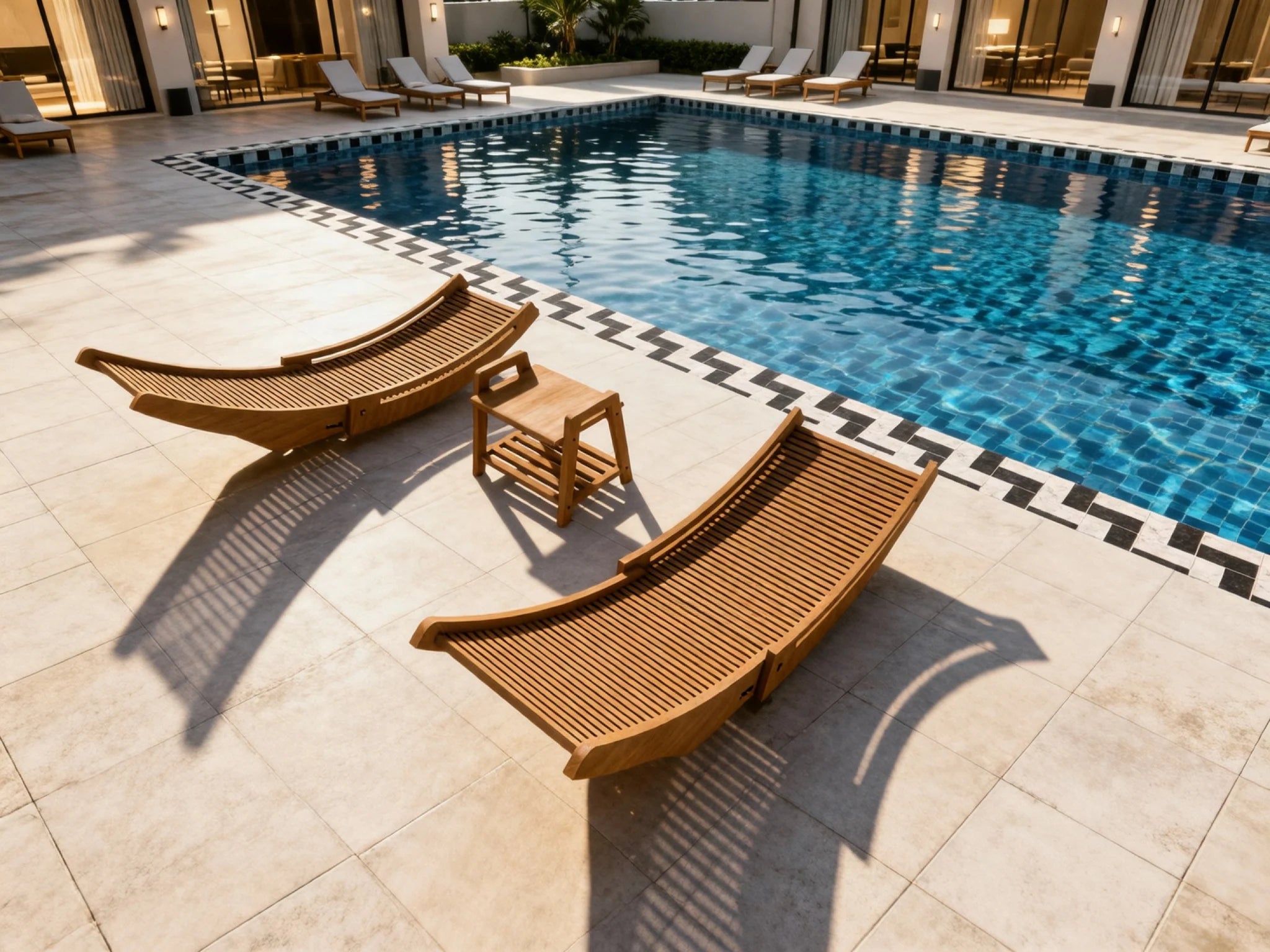 Outdoor loungers arranged alongside a hospitality pool
