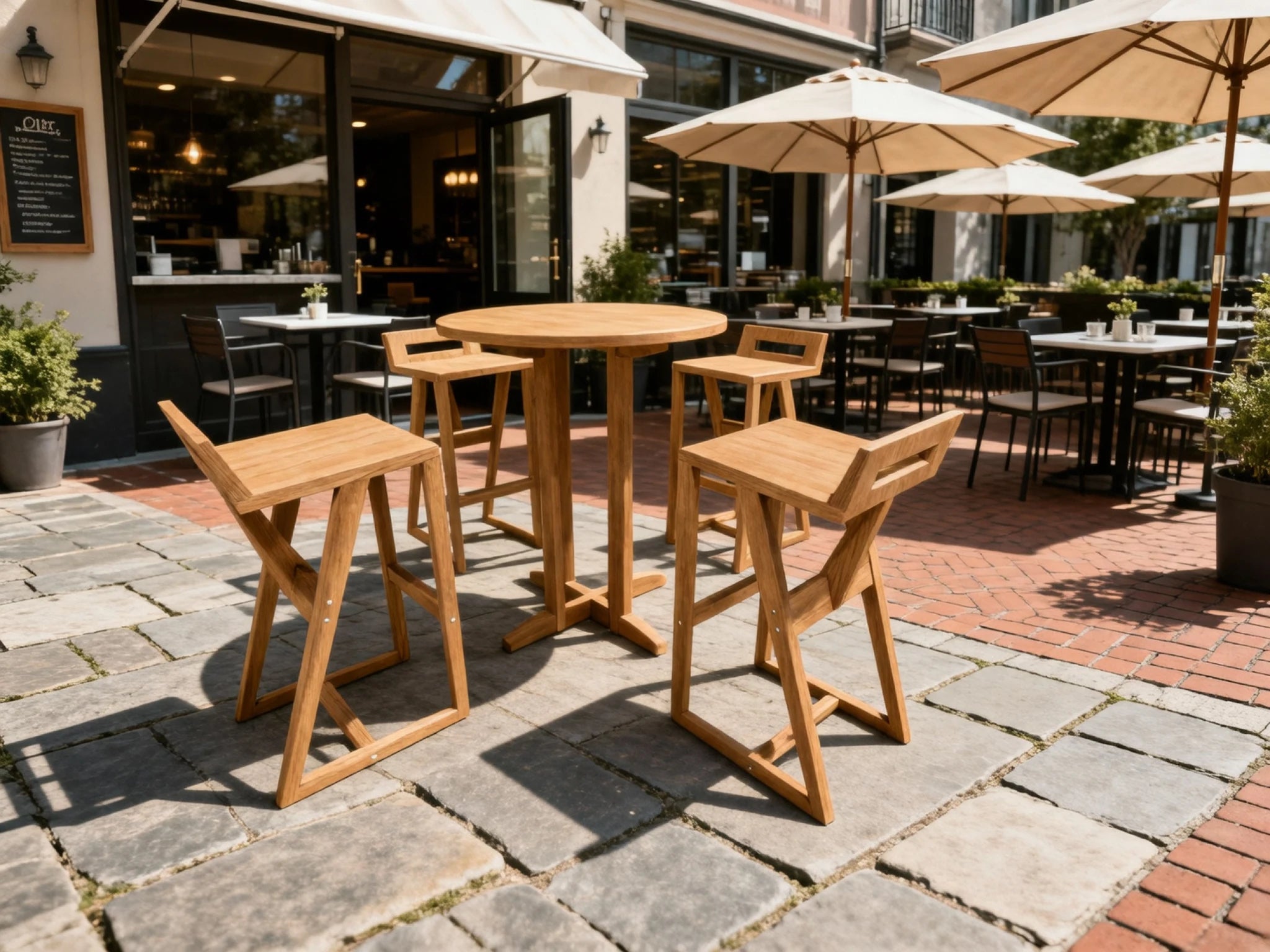 Light teak dining furniture in a restaurant terrace setting