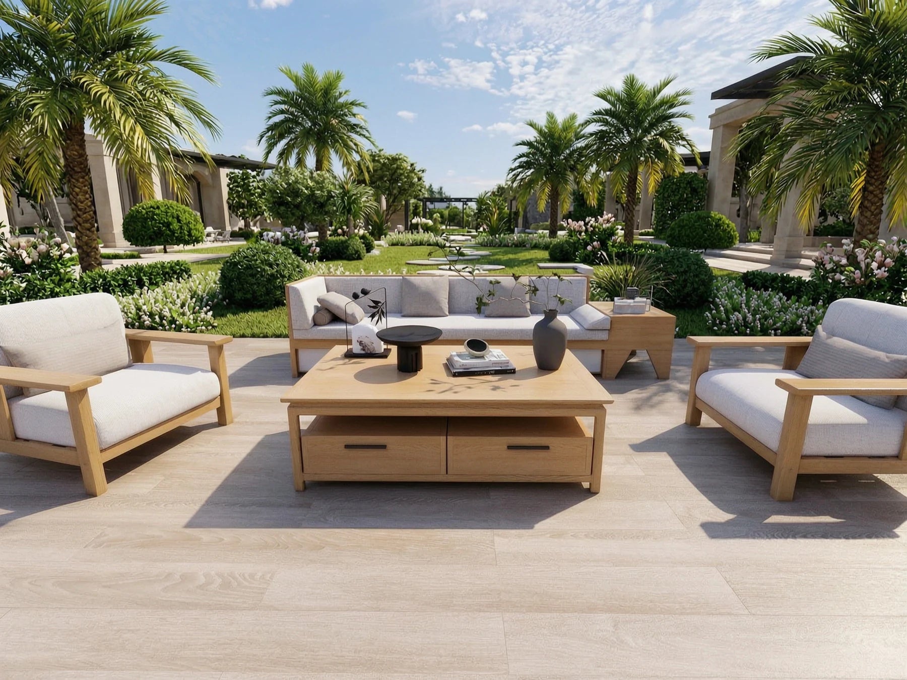 Polycobond lounge furniture arranged in a landscaped hospitality setting