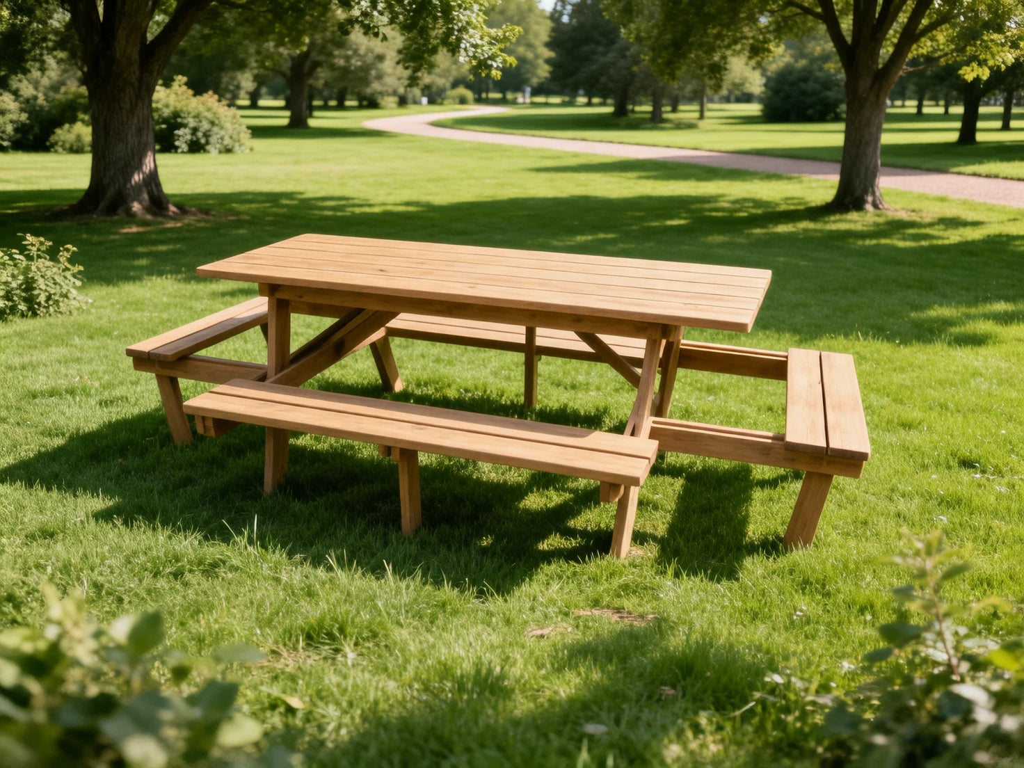Supplied Polycobond picnic table visualization in a landscaped public space